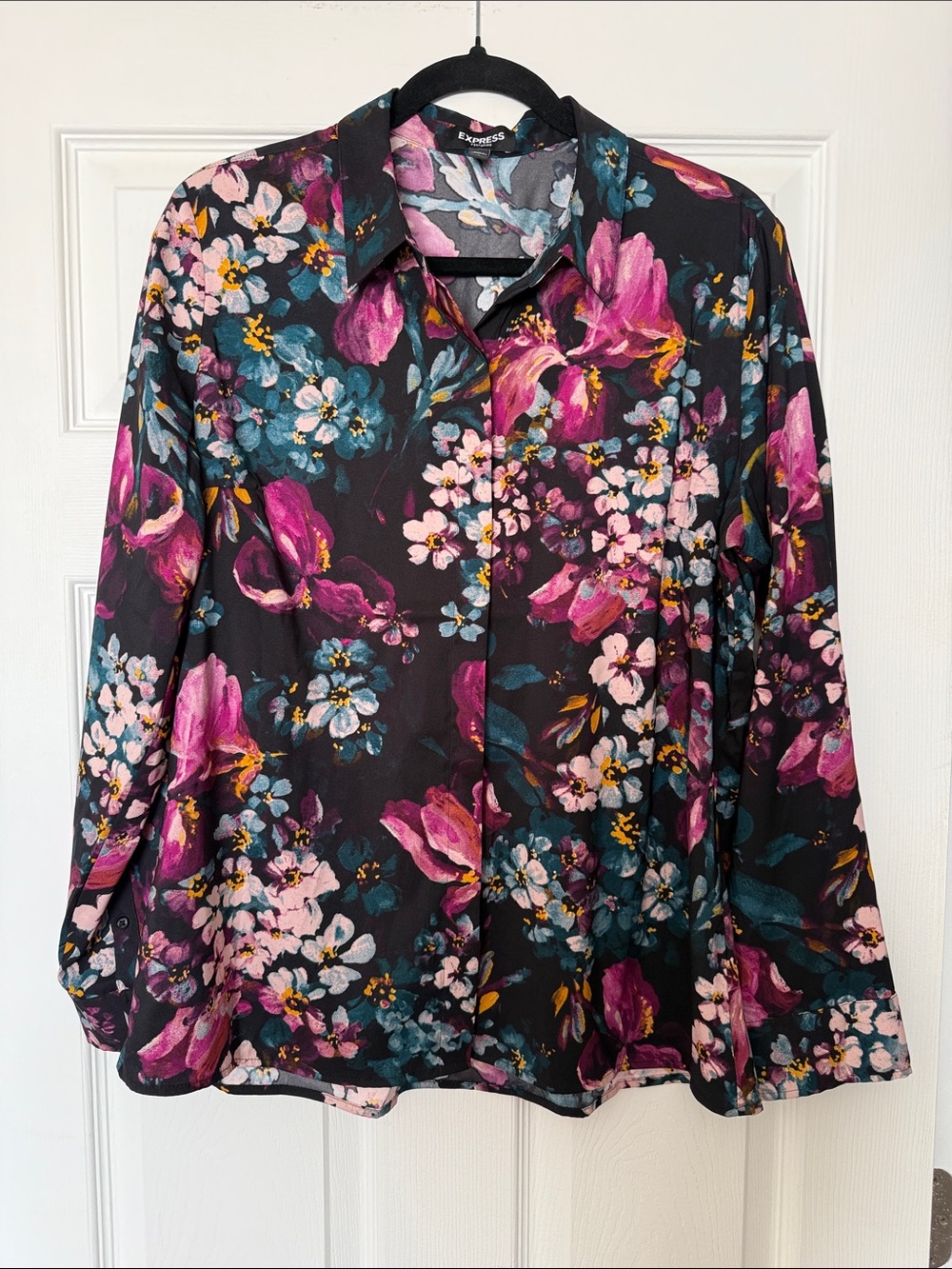 Express Black Button-Down Blouse with Pink and Blue Florals